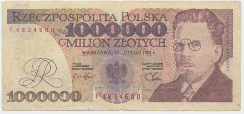 Fałszerstwo, 1 milion złotych 1991 - F - Rzadko widywane fałszerstwo z nałożoną ...