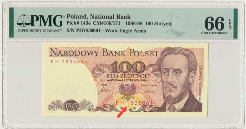 Destrukt, 100 złotych 1986 - PH - PMG 66 EPQ - brak jednej cyfry numeratora Egze...