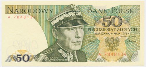 50 złotych 1975 - A - Rzadsza, pierwsza seria A.&nbsp; Emisyjny stan zachowania....