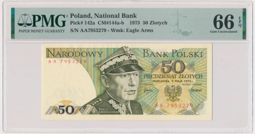 50 złotych 1975 - AA - PMG 66 EPQ Ceniona i poszukiwana pierwsza seria dwulitero...