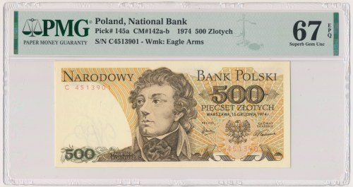 500 złotych 1974 - C - PMG 67 EPQ - rzadka seria Bardzo rzadka seria jednolitero...