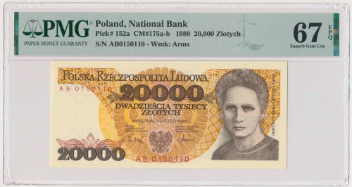 20.000 złotych 1989 - AB - PMG 67 EPQ Seria dwuliterowa.&nbsp; Emisyjny stan zac...