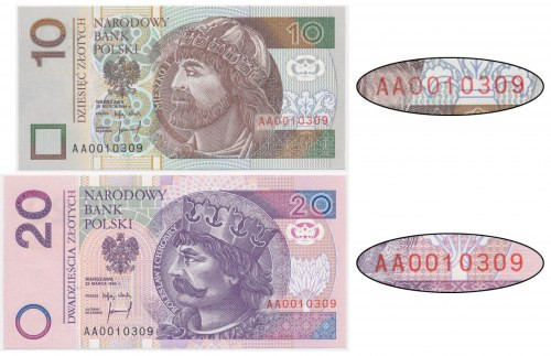 Zestaw, 10 i 20 złotych 1994 - AA 0010309 - identyczny numer seryjny Banknoty lu...