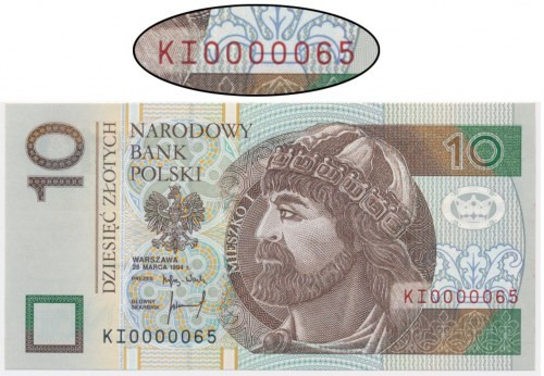 10 złotych 1994 - KI 0000065 - niski numer seryjny Banknot oznaczony niskim, dwu...