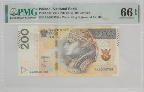 200 złotych 2015 - AA - PMG 66 EPQ Pierwsza seria AA.&nbsp; Emisyjny stan zachow...