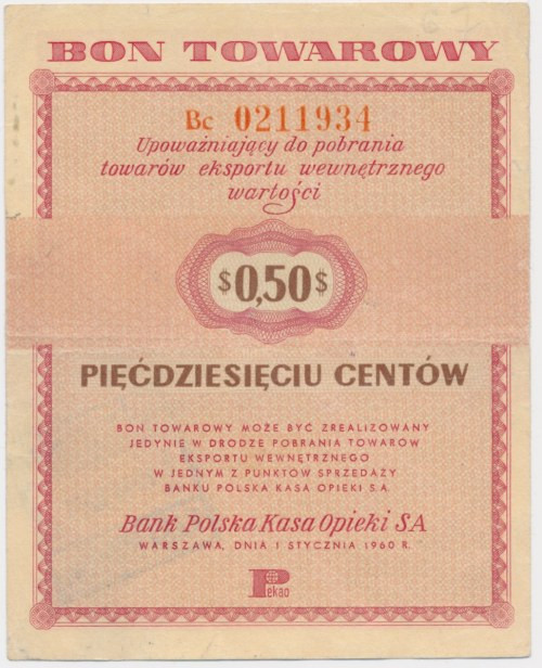 Pewex, 50 centów 1960 - Bc - bez klauzuli - Rzadziej notowany nominał.&nbsp; Odm...