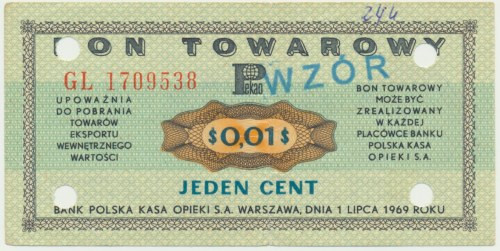 Pewex, 1 cent 1969 - GL - FAŁSZYWY NADRUK WZÓR - Bardzo ciekawy banknot.&nbsp; Z...