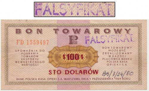 Pewex, 100 dolarów 1969 - FD - FALSYFIKAT - wykonany na oryginalnym banknocie Rz...