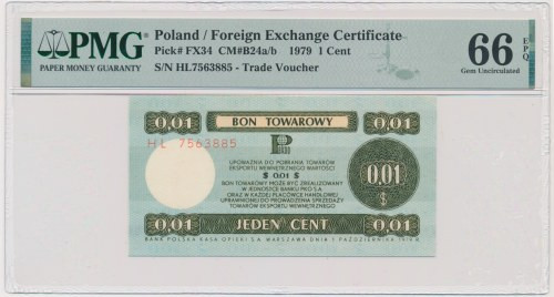 Pewex, 1 cent 1979 - HL - DUŻY - PMG 66 EPQ Wymiary pola bonu 114 x 59 mm.&nbsp;...