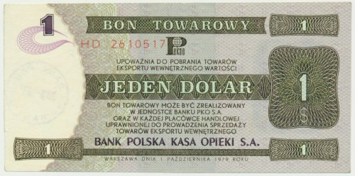 Pewex, 1 dolar 1979 - HD - Złamany w pionie. Rogi nierażąco zaokrąglone. Lewy gó...