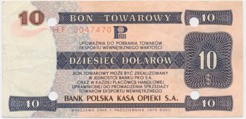 Pewex, 10 dolarów 1979 - HF - Rzadziej notowany nominał. Kilkukrotnie złamany.&n...