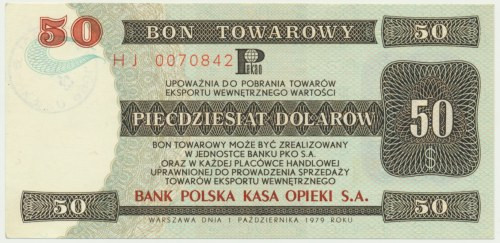 Pewex, 50 dolarów 1979 - HJ - WYŚMIENITY Rzadki wysoki nominał w wyśmienitym sta...