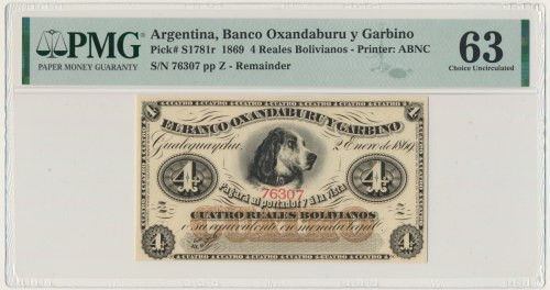 Argentina, Banco Oxandaburu y Garbino, 4 Reales 1869 - PMG 63 &nbsp; Emisyjny st...
