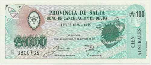 Argentine, 100 Australes 1991 Reference: P-S2623c
Grade: UNC 

ArgentineWorld...