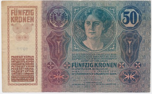 Austria, 50 Kronen 1914 &nbsp; Pionowe złamanie.&nbsp; Nieświeżości narożników.&...
