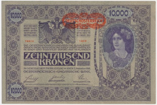 Austria, 10.000 Kronen 1918 Red overprint 'Deutschosterreich'. One vertical fold...