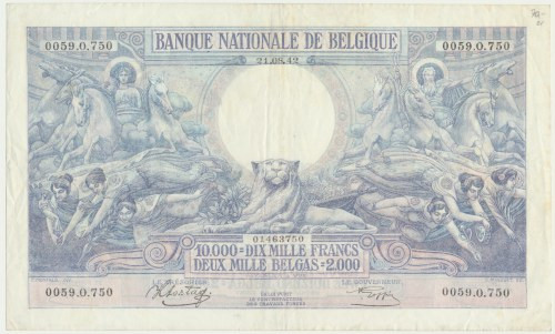 Belgium, 10.000 Francs - 2.000 Belgas 1942 Better date.&nbsp; Numerous folds but...