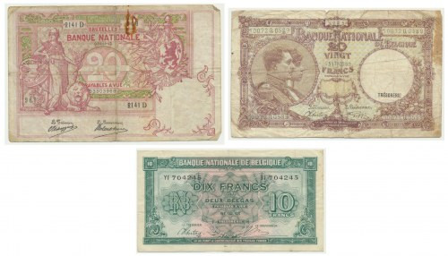 Belgium, set of 10-20 (1905-44) (3 pcs) 
Grade: F/VF 

BelgiumWorld Paper Mon...