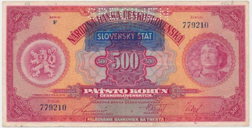 Czechoslovakia, 500 Korun 1929 - SPECIMEN - Numerous folds. Kilkukrotnie złamany...