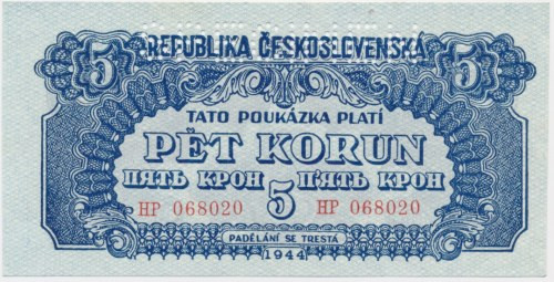 Czechoslovakia, 5 Korun 1944 - SPECIMEN - Light dent in paper.&nbsp; Drobna plam...