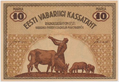 Estonia, 10 Mark 1919 &nbsp; Złamany w pionie. Dobra prezencja.&nbsp; Reference:...