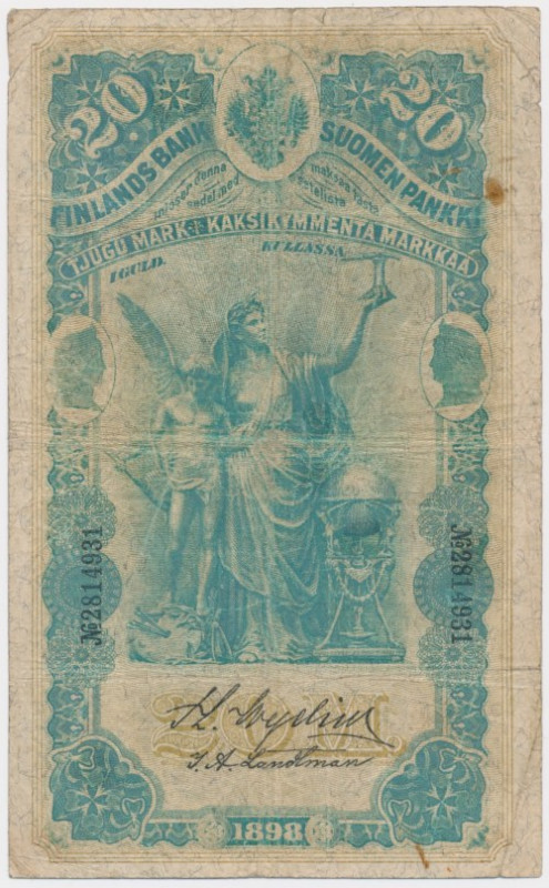 Finland, 20 Markkaa 1898 Signed by Landtman.&nbsp; Circulated piece but still in...