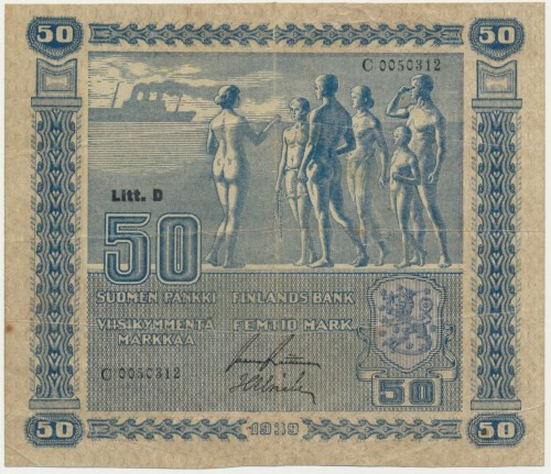 Finland, 50 Markkaa 1939 Several folds but paper is firm with original shine. Ug...