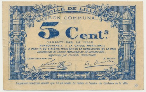 France (Lille), 5 Cents 1917 &nbsp; Seria B.&nbsp; Zanikające złamanie idące od ...