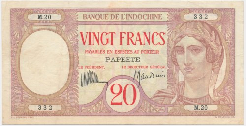 Indochina, Tahiti, 20 Francs (1928) Several folds.&nbsp; Paper is still firm wit...