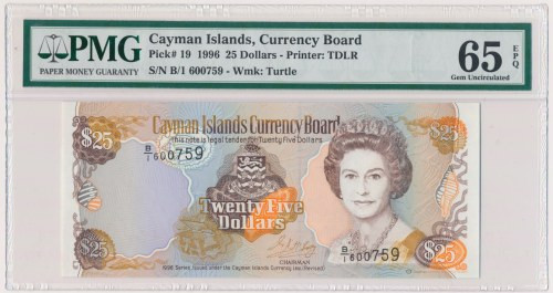 Cayman, 25 Dollars 1996 - PMG 65 EPQ &nbsp; Emisyjny stan zachowania.&nbsp; Refe...