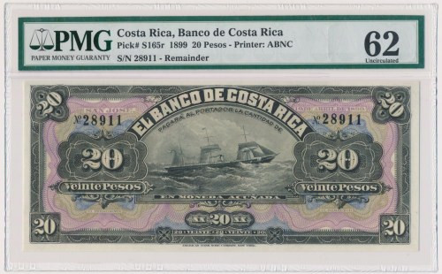 Costa Rica, 20 Pesos 1899 - PMG 62 Minor repairs.&nbsp; Banknot po punktowych na...