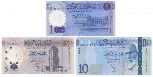 Libya, group of 1-10 Dinars 2015-2019 (3 pcs.) All uncirculated. Banknot 1 i 5 d...