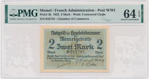 Memel, 2 Mark 1922 - PMG 64 EPQ &nbsp; Emisyjny stan zachowania.&nbsp; Reference...