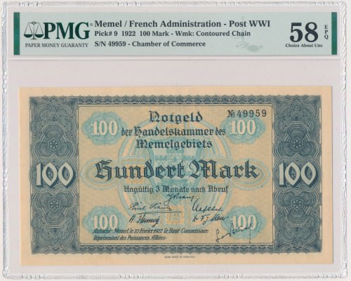 Memel, 100 Mark 1922 - PMG 58 EPQ Beautifull, crisp piece. Light fold at center....