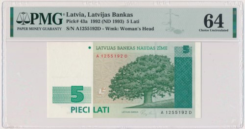 Latvia, 5 Lati 1992 - PMG 64 Better date. Uncirculated. Emisyjny stan zachowania...