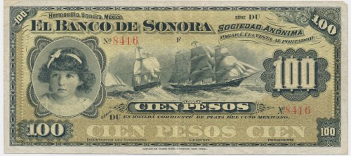 Mexico (Sonora), 100 Pesos 1911 Folded in four.&nbsp; Pressed.&nbsp; Corner tip ...