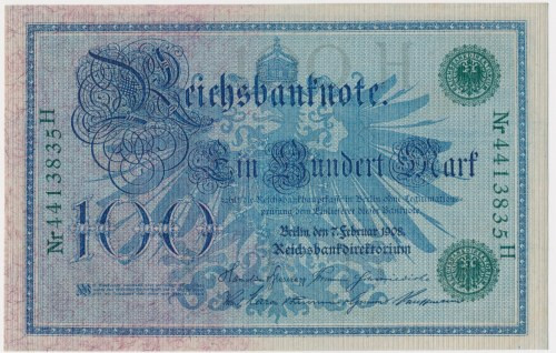 Germany, 100 Mark 1908 Crisp uncirculated piece. Emisyjny stan zachowania.&nbsp;...