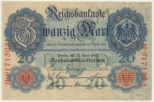 Germany, 20 Mark 1910 One corner lightly folded, otherwise perfect.&nbsp; Crisp ...