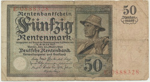 Germany, 50 Rentenmark 1925 - RARE &nbsp; Obiegowy stan zachowania. Wielokrotnie...