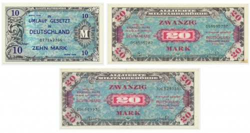 Germany, allied occupation money, set of 10 and 20 Mark 1944 (3 pcs) All without...