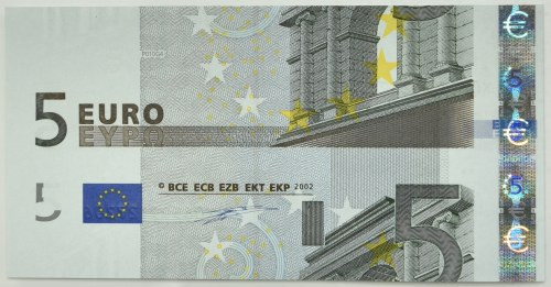 5 Euro 2002 - cutting error Banknote with the final size, but with a visible pri...