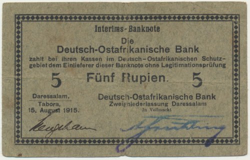 Germany, East Africa, 5 Rupees 1915 Folded in four.&nbsp; Never washed or presse...