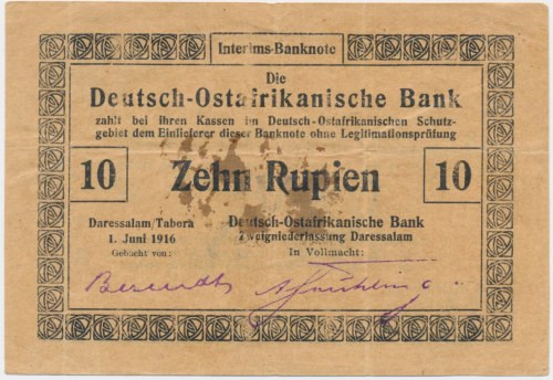 Germany, East Africa, 10 Rupees 1916 Verticall folds.&nbsp; Never washed or pres...