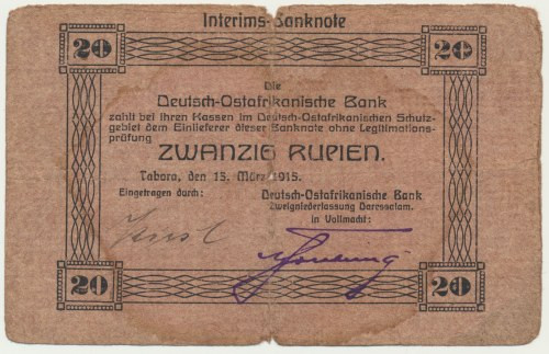 Germany, East Africa, 20 Rupees 1915 Strong verticall fold with paper splits.&nb...