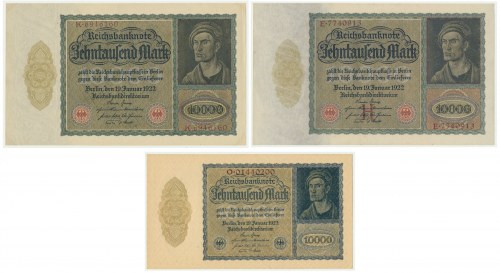 Germany, group of 10.000 Mark 1922 (3pcs) Brilliant uncirculated pieces.
 Bankn...