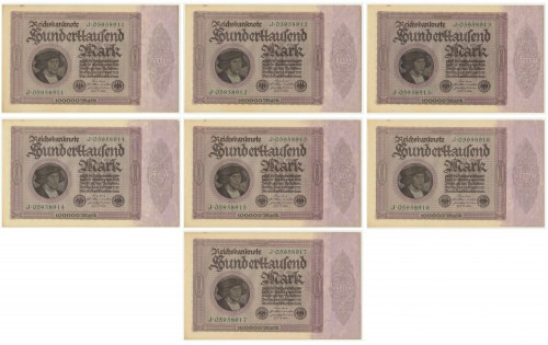 Germany, group of 100.000 Mark 1923 (7pcs) All stained at upper margin. Corners ...