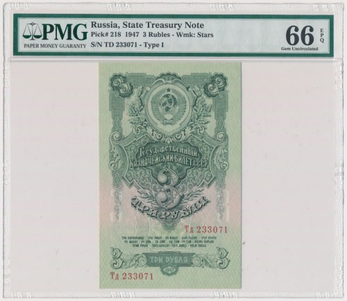 Russia, 3 Rubles 1947 - PMG 66 EPQ &nbsp; Emisyjny stan zachowania.
Reference: ...