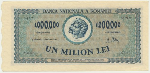 Romania, 1 million Lei 1947 Light folds and dents in paper but none goes through...