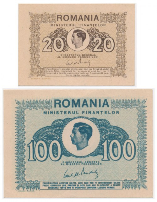 Romania, group of 20-100 Lei 1945 (2 pcs.) 20 lei with vertical fold.&nbsp; 20 l...