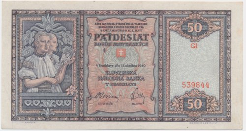 Slovakia, 50 Korun 1940 Numerous folds. Pressed. Złamania w pionie. Prostowany. ...